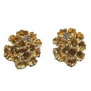 Pierced Floral Ruffled Earrings Crinkled Studs Gold Tone Retro Vintage Style